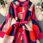 Flared Sleeves Loose Belted Contrast Color Pleated Midi Dresses