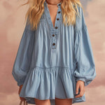 Elegant Western Loose V-neck Front Button Ruffled Hem Light Blue Denim Mini Dress