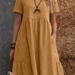 Loose Pocket Solid Color Round Neck Short Sleeve Dress