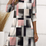 A-Line Irregularity Asymmetric Printed Split-Joint Striped Round-Neck Midi Dresses