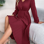 Elasticated Waist High Waisted Pleated Solid Color V-Neck Midi Dresses