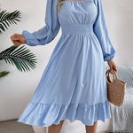 A-Line Elasticated Waist Pleated Ruffled Solid Color Square-Neck Midi Dresses