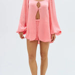 Alexis Satin Cutout Button Balloon Sleeve Shirt and Mid Waist Bow Detail Pocket Shorts Set