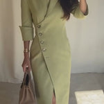 Elegant Look Linen Blend Stand Lapel Neck Half Sleeve Side Button Midi Dress