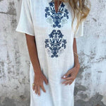 Bohemian Print Linen Loose Midi Dress