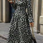 Elasticated Waist High Waisted Contrast Color Leopard Pleated Split-Joint V-Neck Maxi Dresses