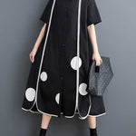 A-Line Half Sleeves Buttoned Pockets Polka-Dot Split-Front Split-Joint Lapel Midi Dresses Shirt Dress