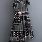 Long Sleeves Loose Buttoned Polka-Dot Printed Split-Joint Midi Dresses