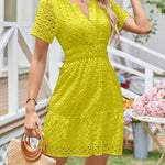 A-Line Loose Elasticity Hollow Pleated Solid Color Split-Joint V-Neck Mini Dresses