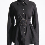 Long Sleeves Loose Belted Buttoned Lapel Mini Dresses Shirt Dress
