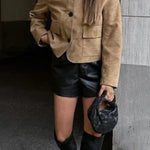 Lapel Button Up Pocketed Faux Suede Crop Jacket
