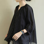 Black&Pink High-Low Half Sleeve Ramie Cotton Loose Shirt