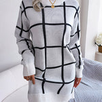 Elasticated Waist Long Sleeves Belted Contrast Color Plaid Round-Neck Mini Dresses Sweater Dresses