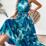 Loose Sleeveless Hollow Pleated Printed Split-Joint Tied Waist Round-Neck Midi Dresses