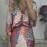 Satin Floral Print V-neck Half-sleeve Loose Top and Elegant Maxi Skirt Set