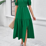 A-Line High Waisted Elasticity Pleated Solid Color Split-Joint V-Neck Midi Dresses
