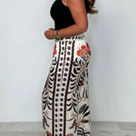 Satin Plant Print Elastic Waist Loose Wide Leg Pants