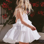 High Waisted Loose Backless Layered Pleated Solid Color Tied Spaghetti-Neck Mini Dresses