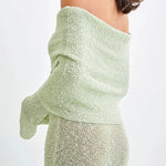 Marisol Ribbed Boucle Material Draped Off Shoulder Stretch Vacation Maxi Dress