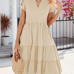 Loose Ruffle Sleeves Pleated Pockets Solid Color Split-Joint V-Neck Midi Dresses