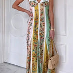 Sweet Garden Linen Blend Color Block Floral Paneled Maxi Dress