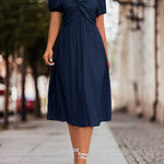 A-Line High Waisted Elasticity Knot Pleated Solid Color Split-Joint V-Neck Midi Dresses