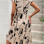 High Waisted Sleeveless Abstract Printed Contrast Color Pleated Polka-Dot Split-Joint Tied Waist Round-Neck Midi Dresses
