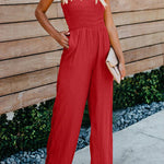Red Smocked Ruffle Strap Pocket Wide Leg Jumpsuit