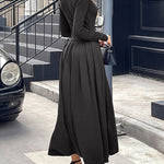 High Waisted Long Sleeves Pleated Solid Color Split-Front One-Shoulder Maxi Dresses