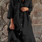 Cotton linen solid color casual stand collar button long dress