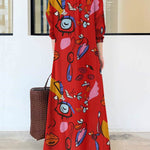 Long Sleeves Loose Buttoned Pockets Printed Lapel Maxi Dresses Shirt Dress
