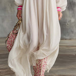 Elegant Flowing, Ultra-loose Off-shoulder Pink Leopard Print Off-white Chiffon Maxi Dress