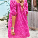 Loose Puff Sleeves Jacquard Solid Color Square-Neck Mini Dresses