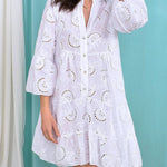 A-Line Flared Sleeves Buttoned Hollow Solid Color Split-Joint V-Neck Mini Dresses