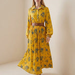 A-Line Elasticated Waist Belted Buttoned Contrast Color Flower Print Pleated Split-Joint Lapel Maxi Dresses Shirt Dress