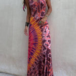 Boho Happiness Tie-dye Print Back Lace-up Stretch Maxi Dress  (With built-in bra)