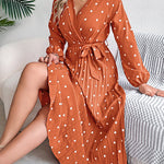 A-Line High Waisted Elasticity Pleated Polka-Dot Split-Joint Tied Waist V-Neck Midi Dresses Shirt Dress