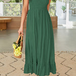 Summer Boho Spaghetti Strap Square Neck Solid Color Ruffle A Line Beach Long Maxi Dress