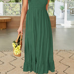 Summer Boho Spaghetti Strap Square Neck Solid Color Ruffle A Line Beach Long Maxi Dress