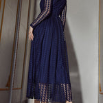 High Waisted Long Sleeves Buttoned Gauze See-Through Solid Color V-Neck Maxi Dresses