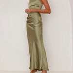 Sleeveless Pleated Solid Color Split-Joint Split-Side Spaghetti-Neck Midi Dresses