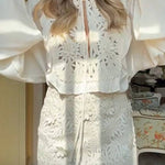 Heavy Floral Embroidered Puff Sleeve Top & Skirt Two-Piece Set