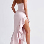 YES I DO Satin One Shoulder Ruched Slit Ruffles Maxi Dress