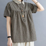 Cotton Blend Plaid Polo Puff Sleeve T-Shirts Tops