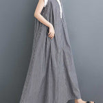 Cap Sleeve Loose Buttoned Striped Lapel Maxi Dresses Shirt Dress
