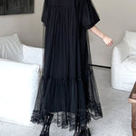 Fake Two-Piece Loose Gauze Pleated Solid Color Split-Joint Tiered Round-Neck Midi Dresses