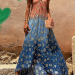 Evaluna Tie Dye Gradient Golden Flower Print Short Sleeve A-line Maxi Dress