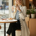 A-Line Elasticated Waist Belted Buttoned Contrast Color Line Split-Joint Stand Collar Maxi Dresses
