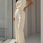 Cap Sleeve Loose Buttoned Solid Color Round-Neck Jumpsuits