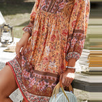 A-Line Loose Contrast Color Flower Print Pleated V-Neck Mini Dresses